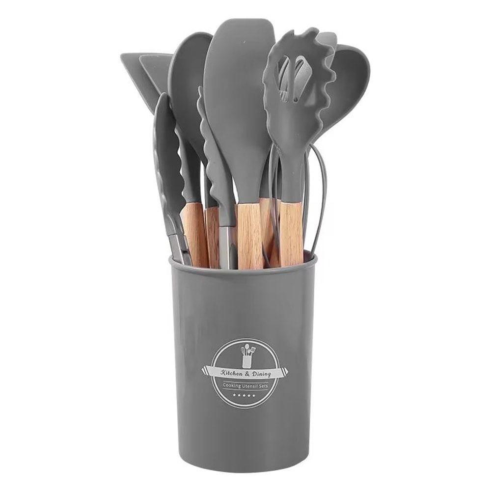12 Piece Silicone Kitchen Utensils Set With Wooden Handles For Non Stick Cookware 7
