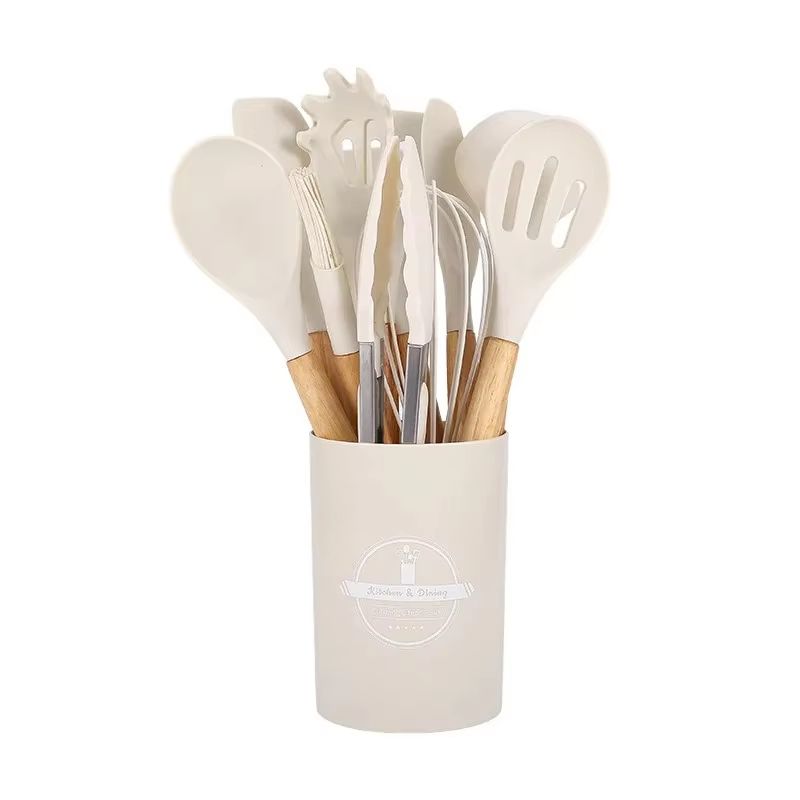 12 Piece Silicone Kitchen Utensils Set With Wooden Handles For Non Stick Cookware 8