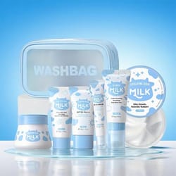 7 piece milk skin care set with cleanser, body scrub, hand wax, eye cream, sunscreen and storage bag