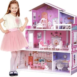 robud victoria wooden dollhouse for kids 3-story pretend play house with furniture