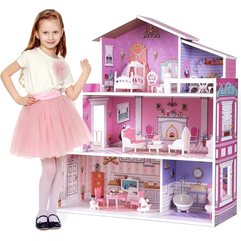 ROBUD Victoria Wooden Dollhouse For Kids 3Story Pretend Play House With Furniture 0