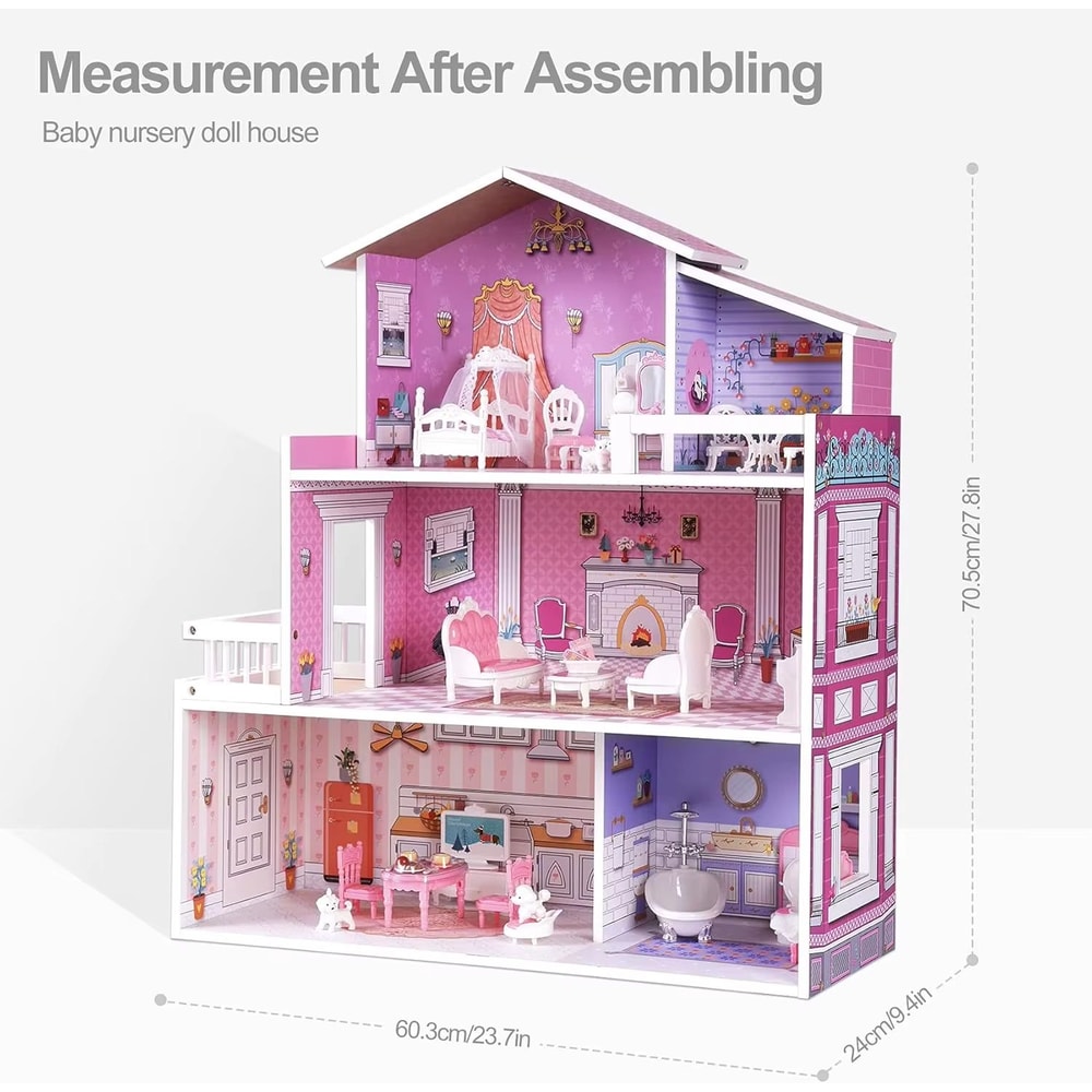 ROBUD Victoria Wooden Dollhouse For Kids 3Story Pretend Play House With Furniture 4