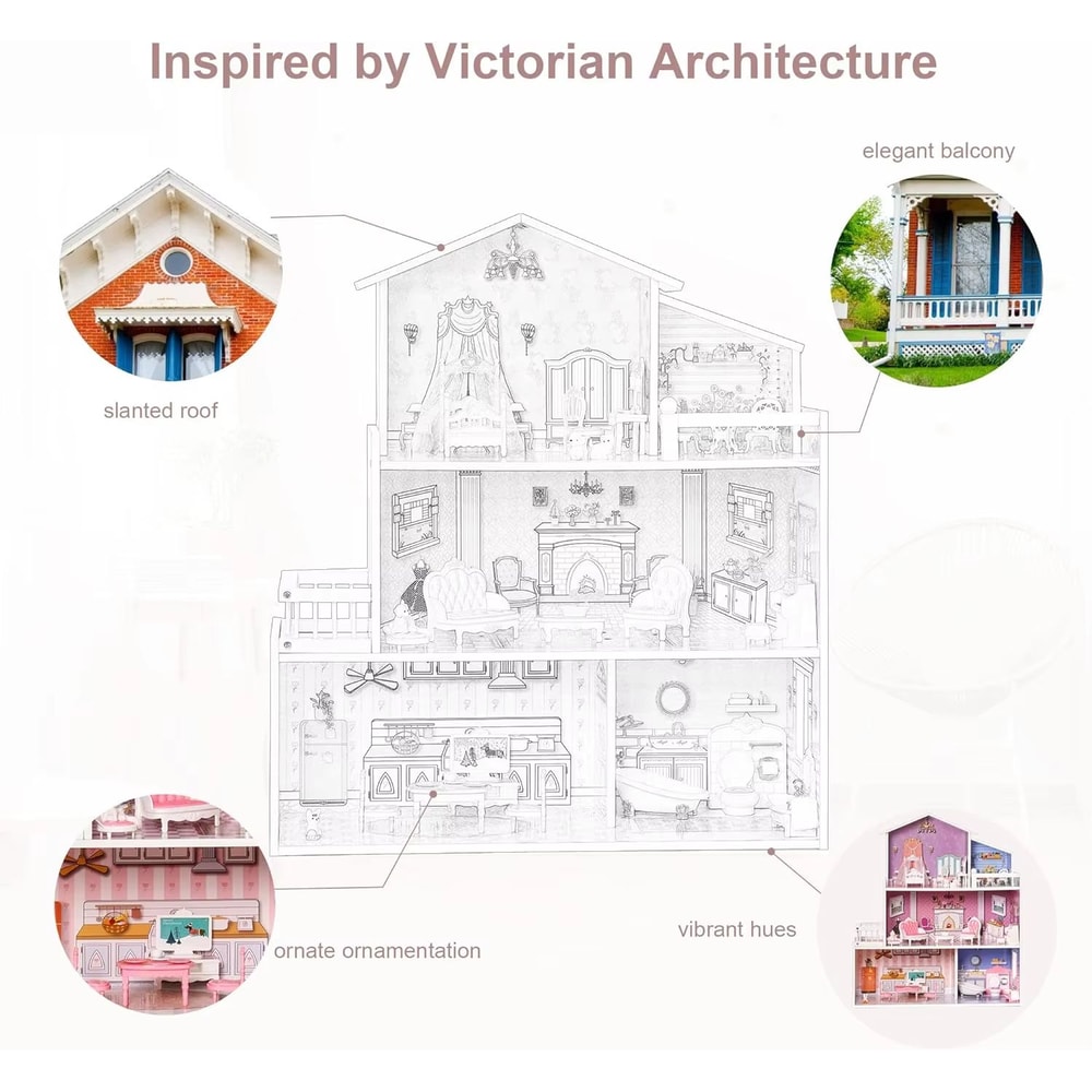 ROBUD Victoria Wooden Dollhouse For Kids 3Story Pretend Play House With Furniture 5