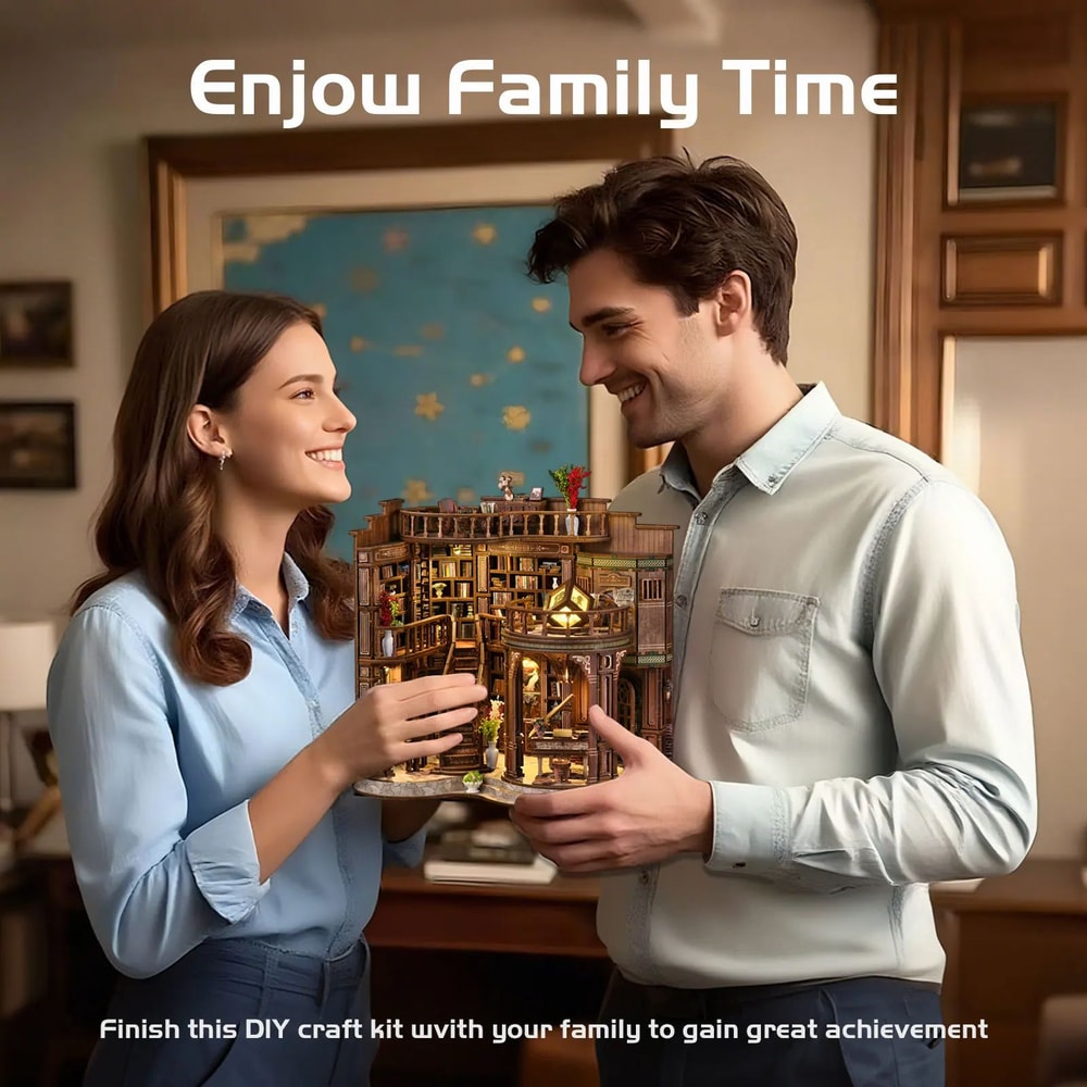 DIY Book Nook Miniature House Kit Handmade Bookshelf Insert Model With LED Decor 4