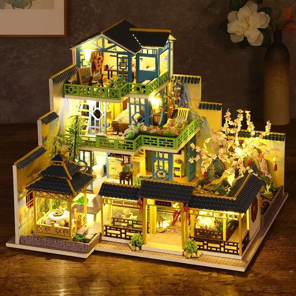 Chinese Villa DIY Wooden Dollhouse Kit With LED Light Miniature House With Furniture 1