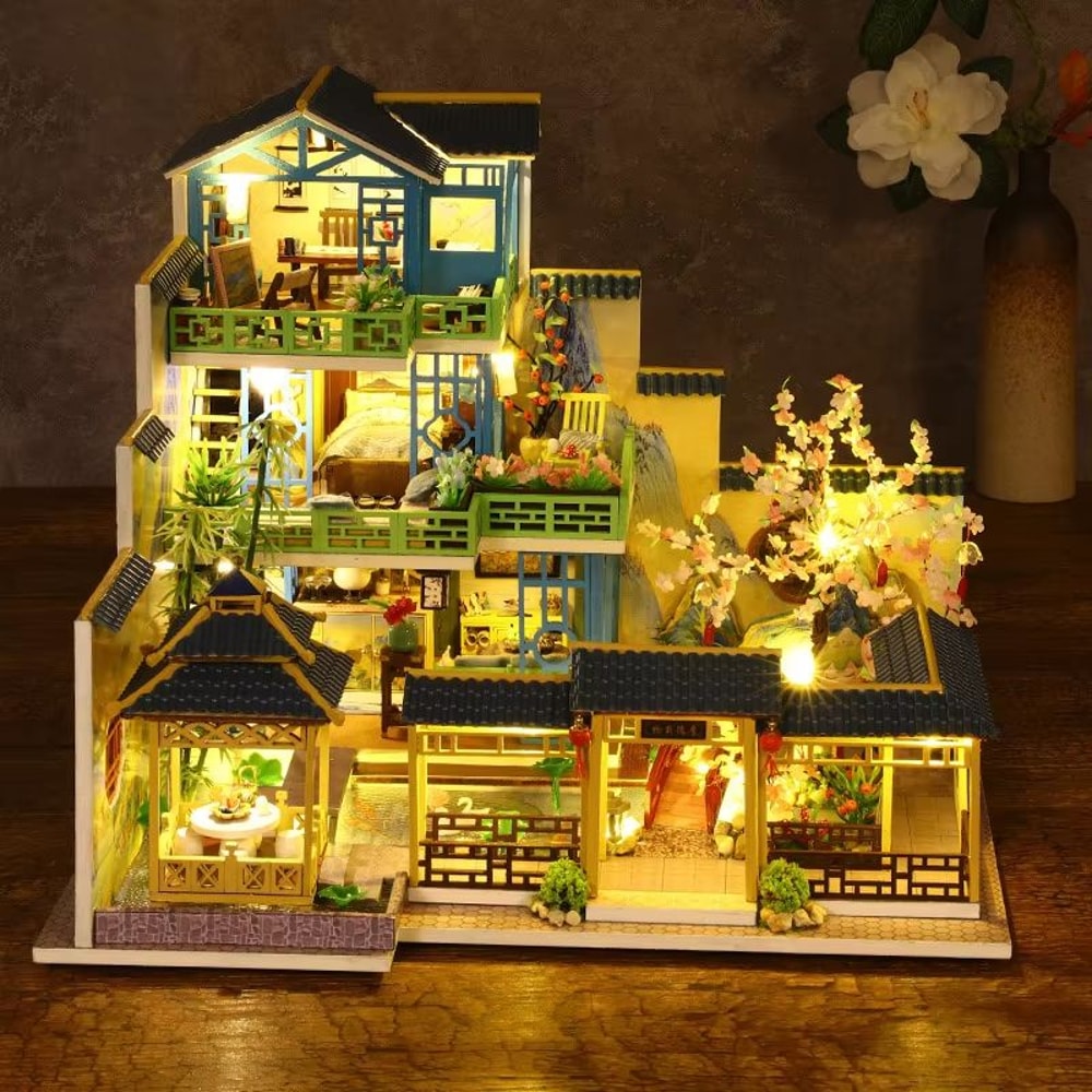 Chinese Villa DIY Wooden Dollhouse Kit With LED Light Miniature House With Furniture 2