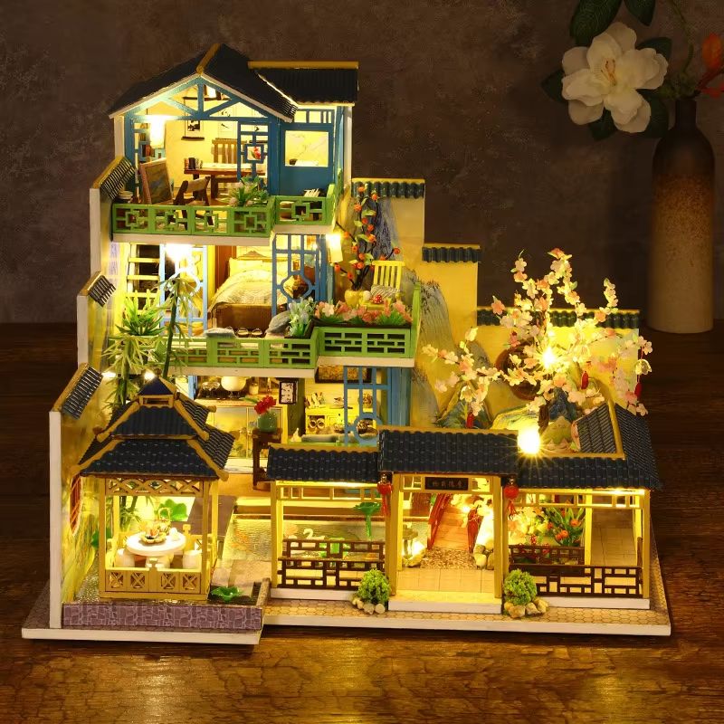 Chinese Villa DIY Wooden Dollhouse Kit With LED Light Miniature House With Furniture 2