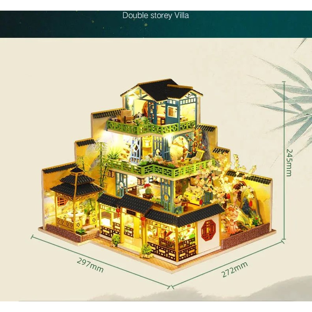 Chinese Villa DIY Wooden Dollhouse Kit With LED Light Miniature House With Furniture 4