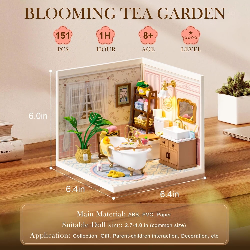 Robotime DIY Miniature Bathroom House Kit Pop Bubble Dollhouse Craft Model With LED 1