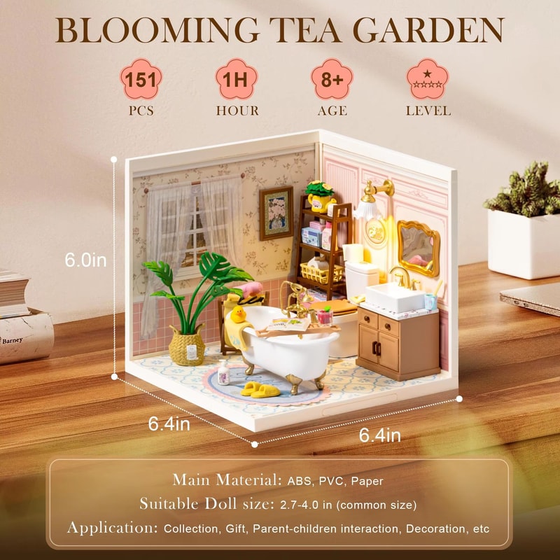 Robotime DIY Miniature Bathroom House Kit Pop Bubble Dollhouse Craft Model With LED 1