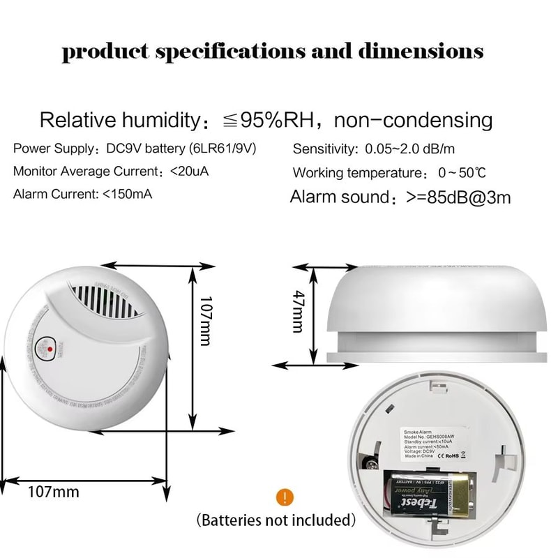 Battery Operated Photoelectric Smoke Detector With 85dB Alarm LED Indicator Test Button Ceiling M 5
