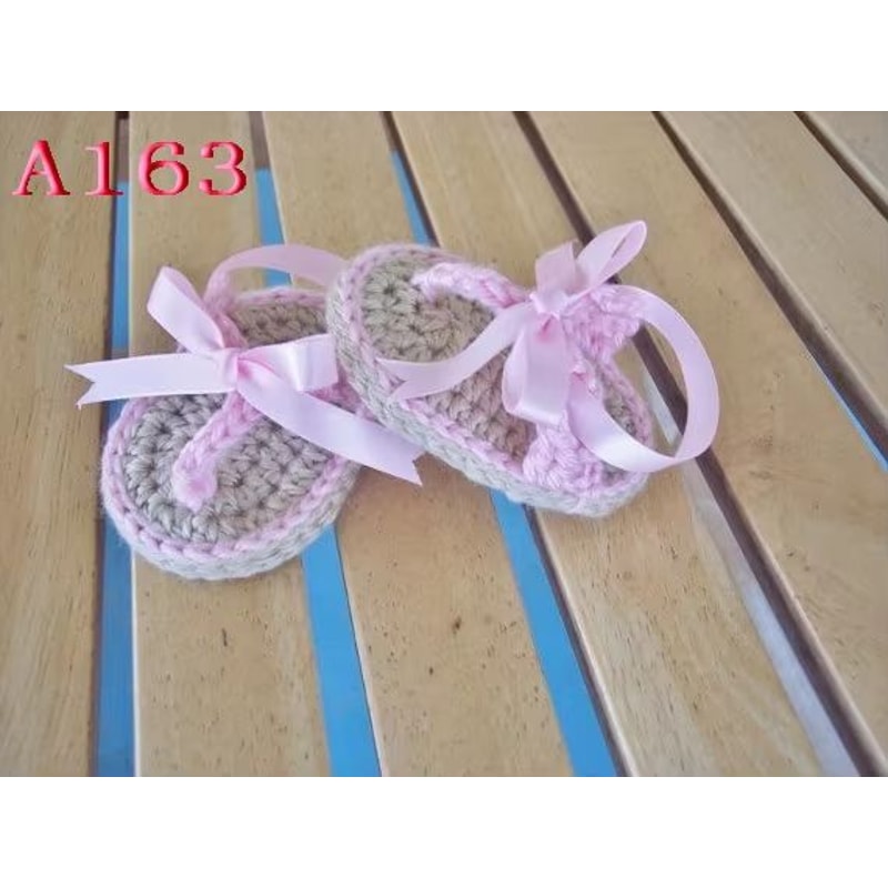Handmade Crochet Baby Flip Flop Sandals With Puff Flower Soft Sole Baby Summer Sandals For Newborns 7