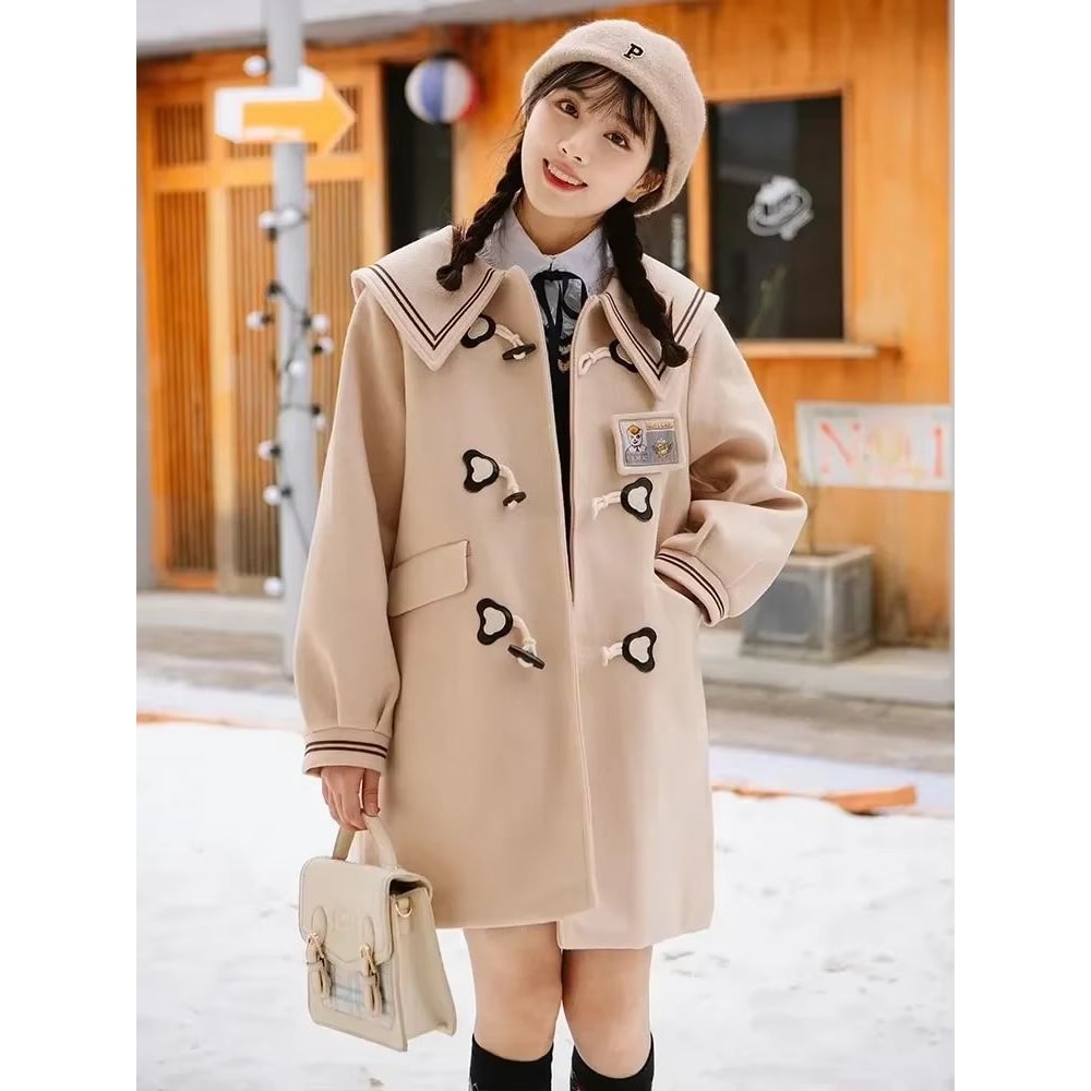 Winter Navy Collar Preppy Style Wool Coat For Women Elegant Long Womens Winter Peacoat 1