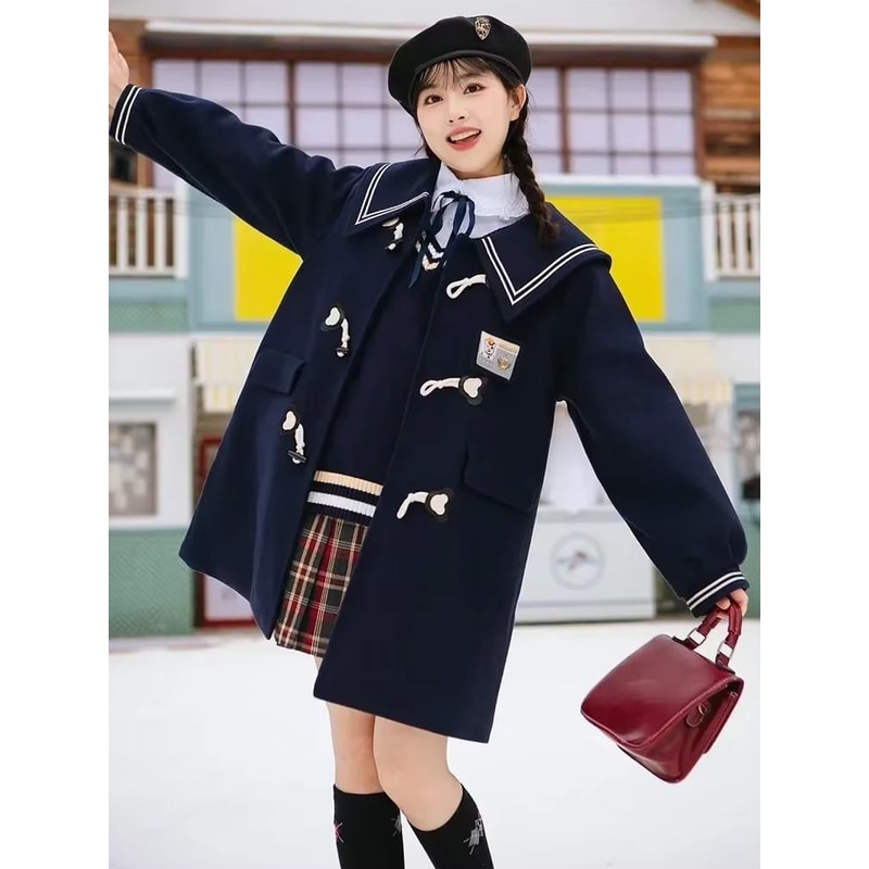 Winter Navy Collar Preppy Style Wool Coat For Women Elegant Long Womens Winter Peacoat 22