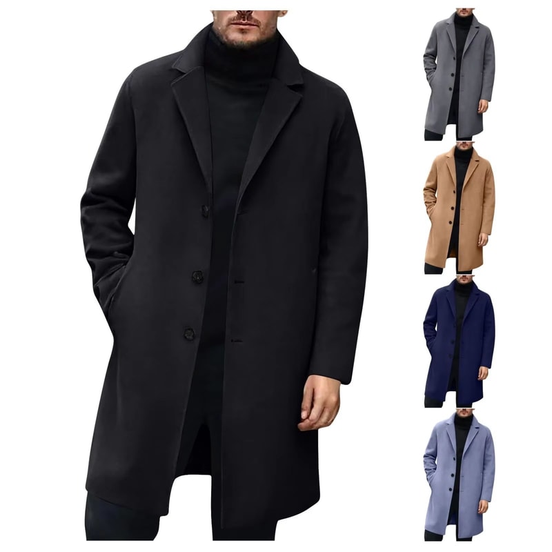 Luxury Mens Wool Blend Coat Classic Mens Trench Pea Coat MidLength Winter Overcoat 1