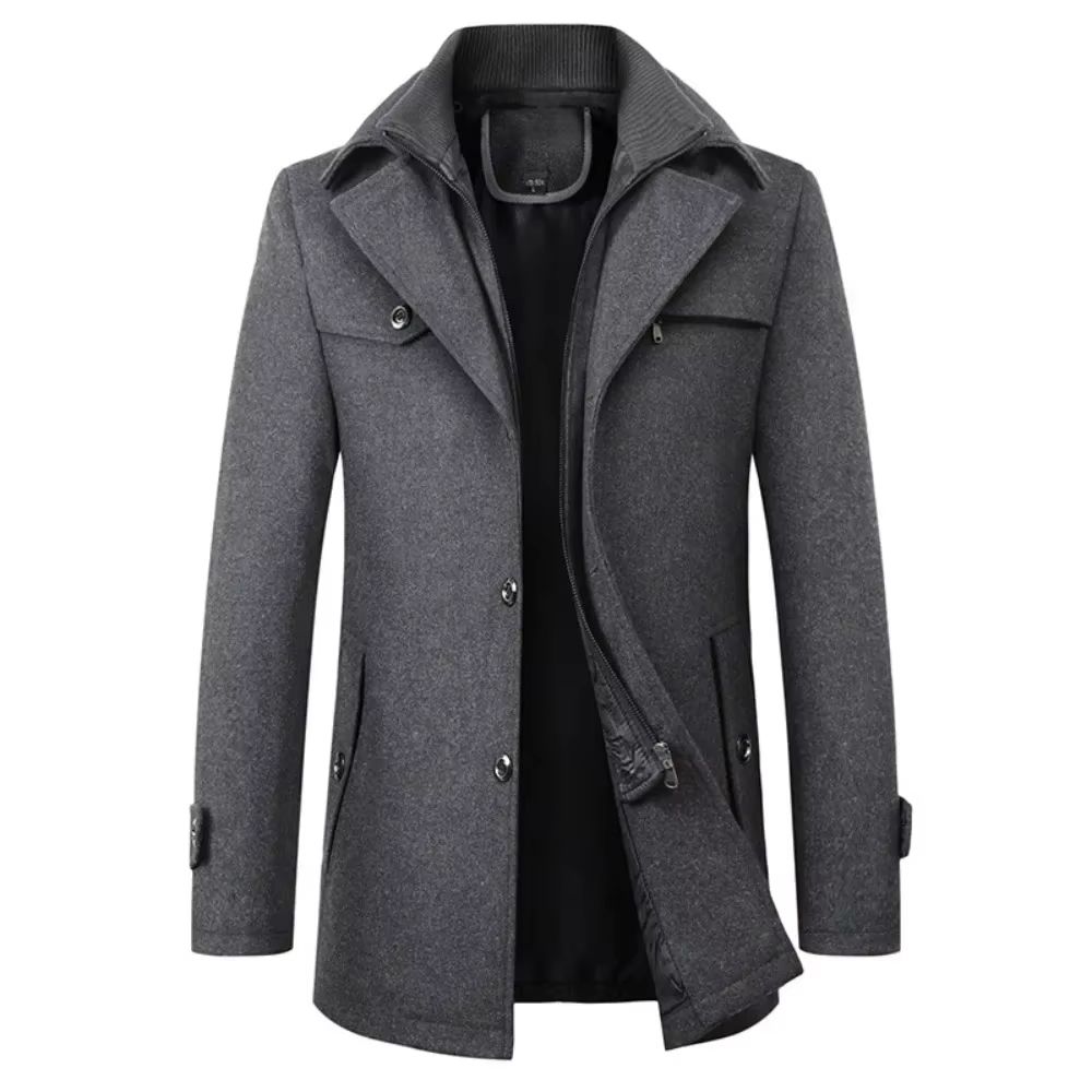Classic Double Collar Mens Pea Coat Elegant Mens Woolen Trench Coat Winter Overcoat 0