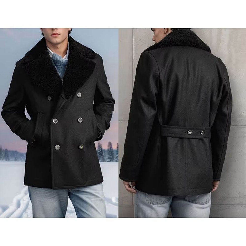 Contrast Detail Mens Wool Pea Coat Classic Double Breasted Pea Coat Winter Overcoat 4