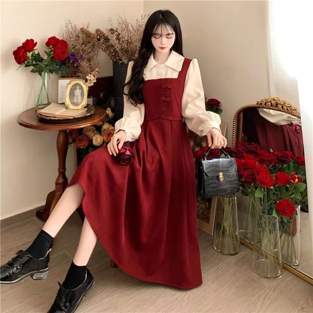 Elegant Chinese Style Red Dress Faux Two Piece Cheongsam Inspired Dress Slim Fit Red Party Dress Fo 2