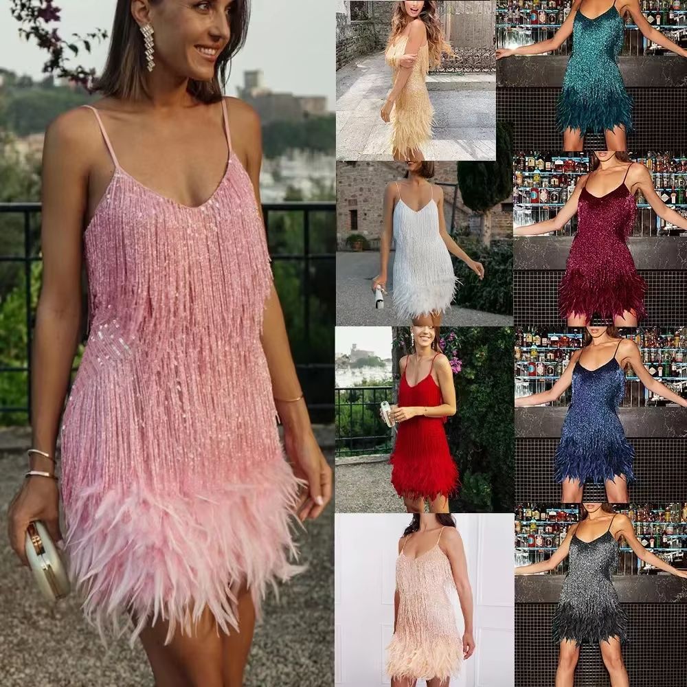 Colorful Sequin Feather Dress Sleeveless Feather Patchwork Dress Sparkly Womens Party Sequin Dress 0