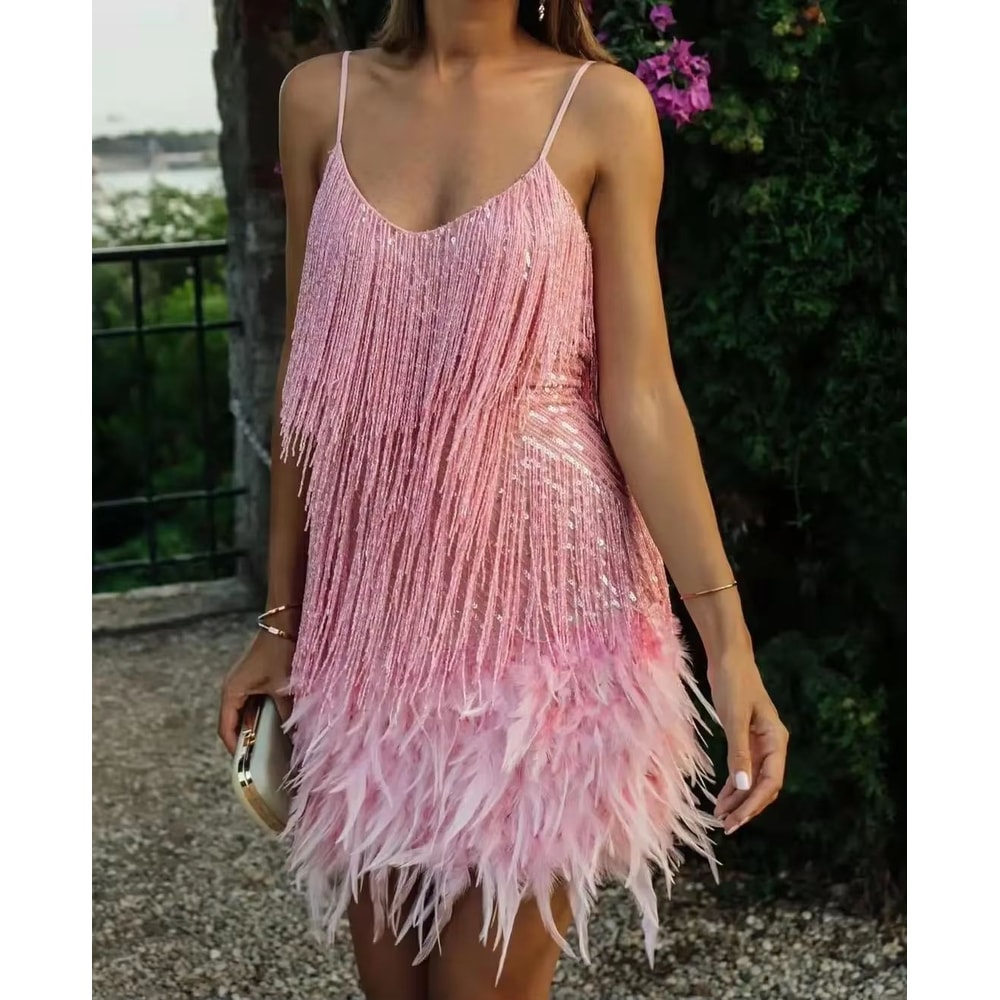 Colorful Sequin Feather Dress Sleeveless Feather Patchwork Dress Sparkly Womens Party Sequin Dress 9