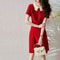 Elegant Red A Line Dress Doll Collar Slim Fit Women Dress Soft Vintage Style Red Dress 0