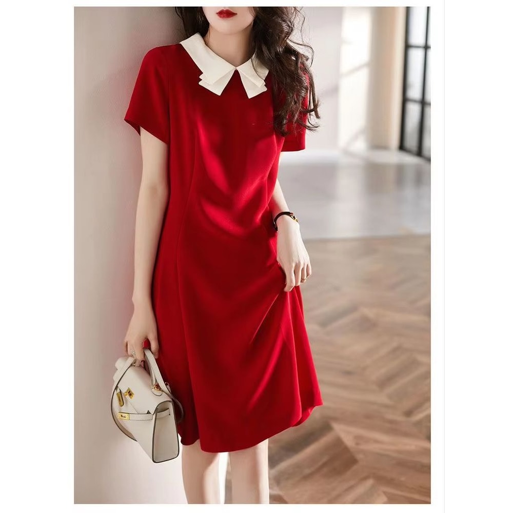 Elegant Red A Line Dress Doll Collar Slim Fit Women Dress Soft Vintage Style Red Dress 3
