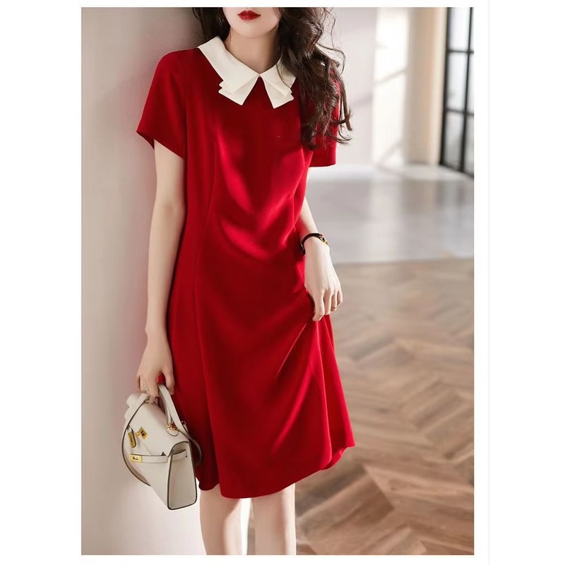 Elegant Red A Line Dress Doll Collar Slim Fit Women Dress Soft Vintage Style Red Dress 3