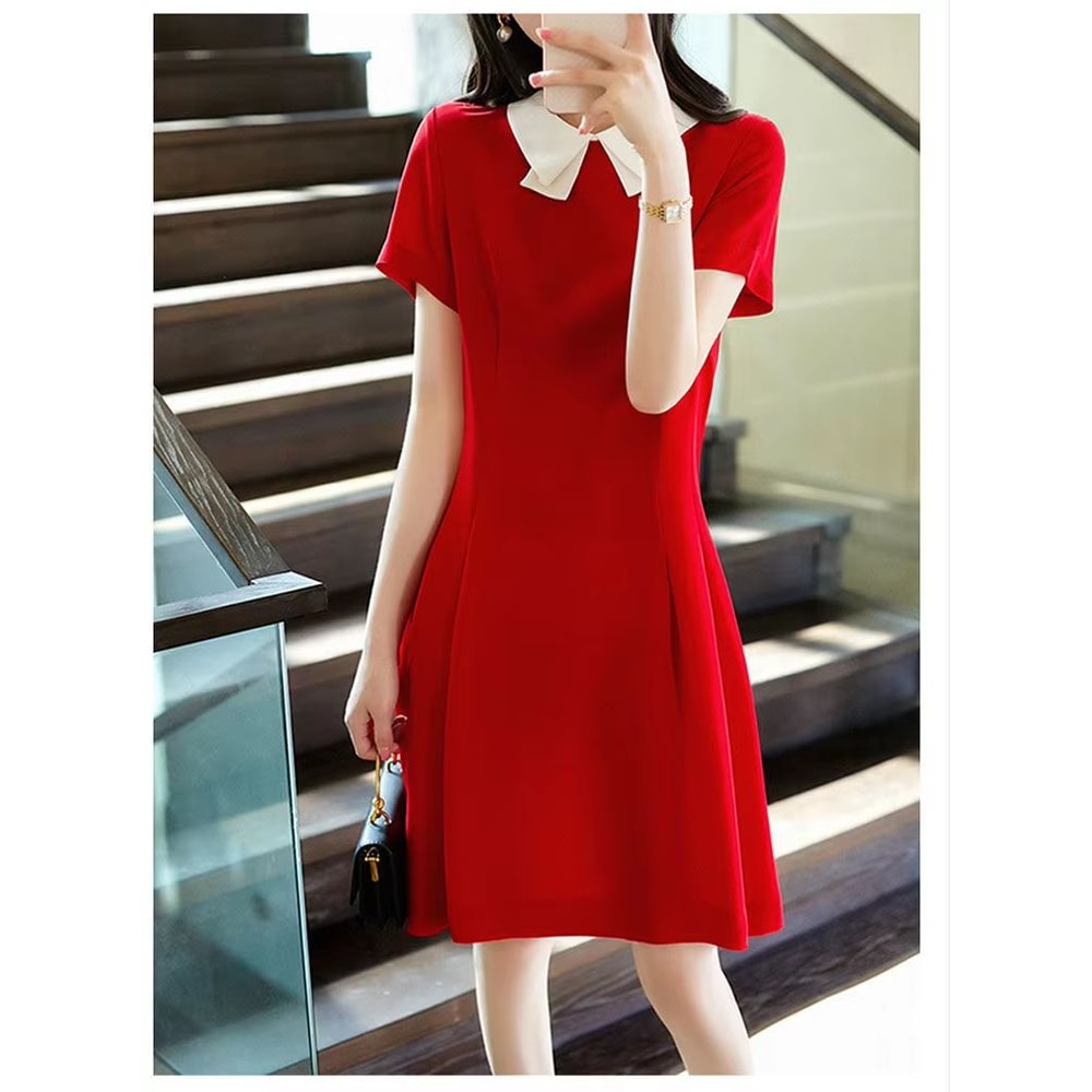Elegant Red A Line Dress Doll Collar Slim Fit Women Dress Soft Vintage Style Red Dress 4