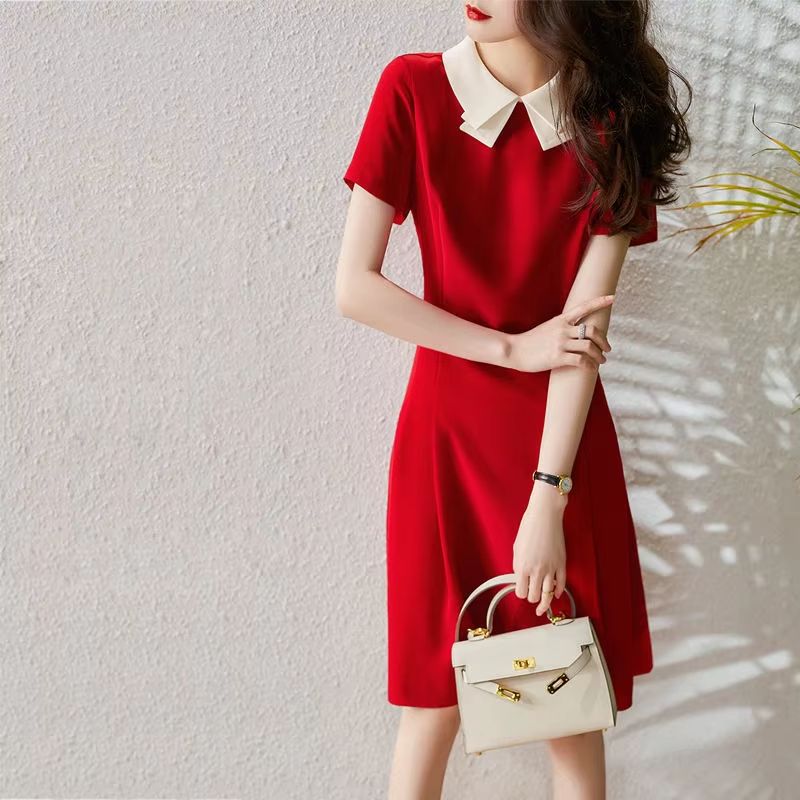 Elegant Red A Line Dress Doll Collar Slim Fit Women Dress Soft Vintage Style Red Dress 6
