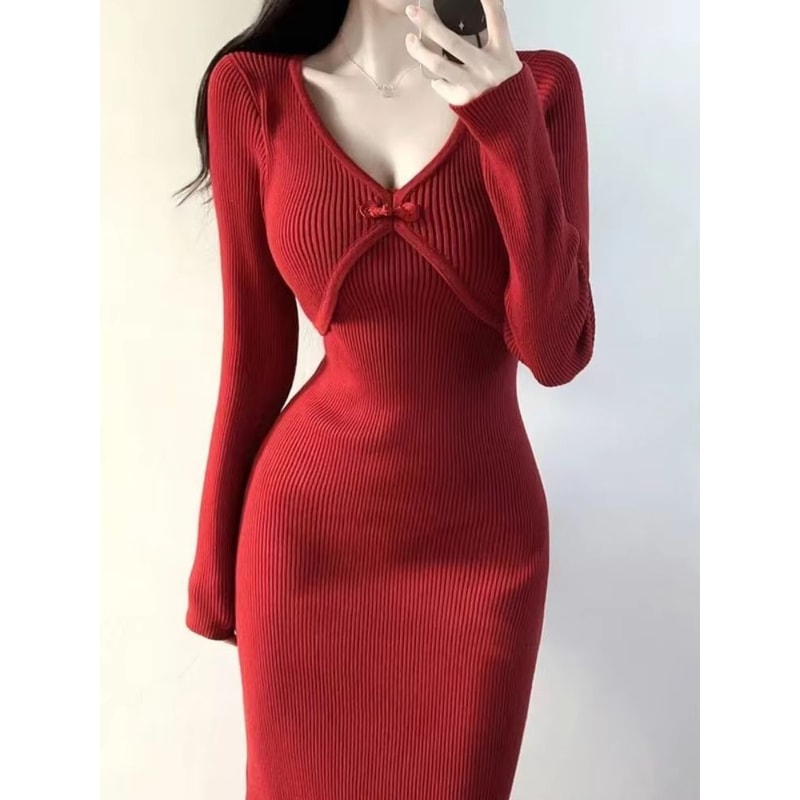 Elegant Red Crochet Knit Dress Vintage Bodycon Midi Dress Luxury Womens Knit Bodycon Dress 0