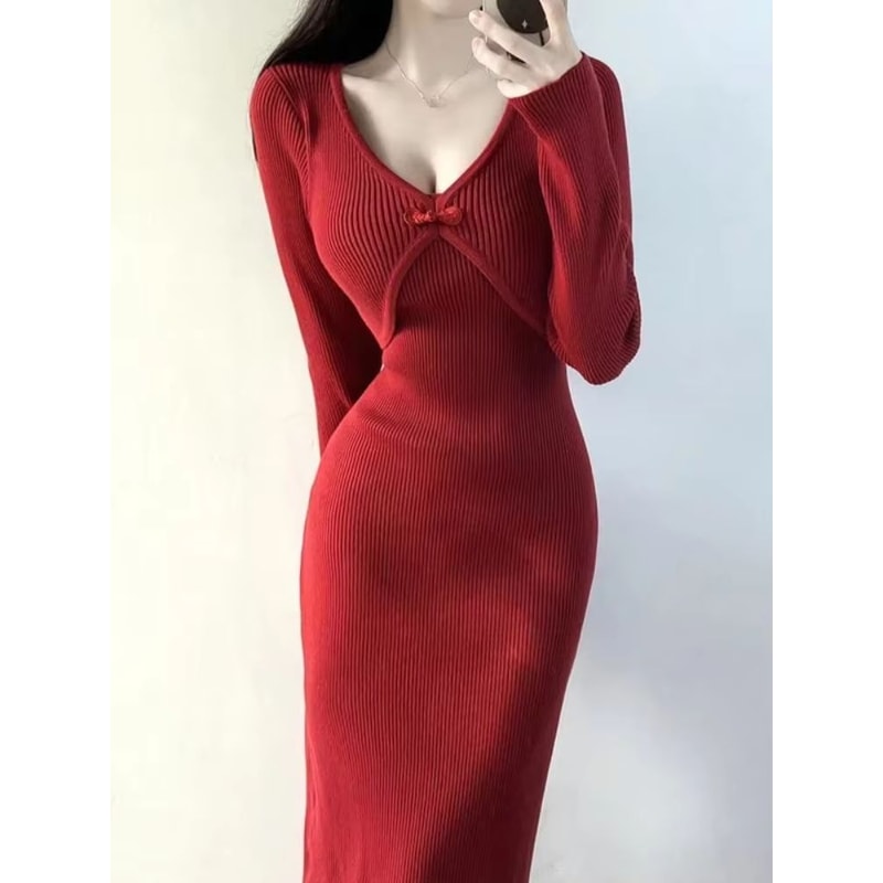 Elegant Red Crochet Knit Dress Vintage Bodycon Midi Dress Luxury Womens Knit Bodycon Dress 3