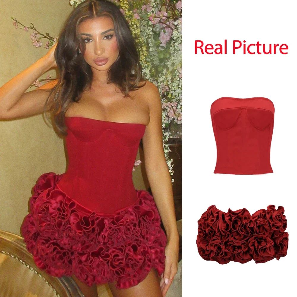Mingmingxi Strapless Red Cocktail Dress Lace Up Back Luxury Red Mini Dress Elegant Women Party Mini 4