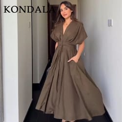 kondala vintage v neck dress sleeveless single breasted women dress chic brown summer dress