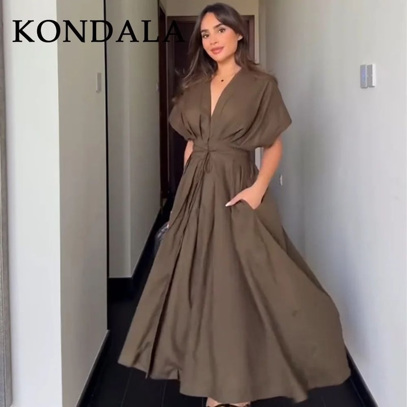 KONDALA Vintage V Neck Dress Sleeveless Single Breasted Women Dress Chic Brown Summer Dress 0