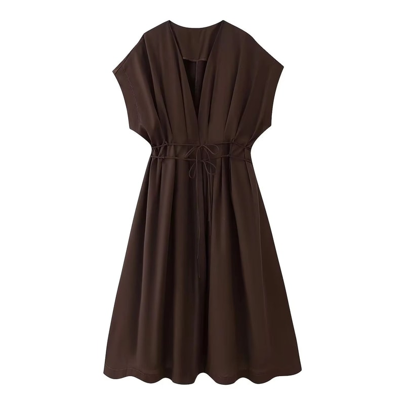 KONDALA Vintage V Neck Dress Sleeveless Single Breasted Women Dress Chic Brown Summer Dress 9