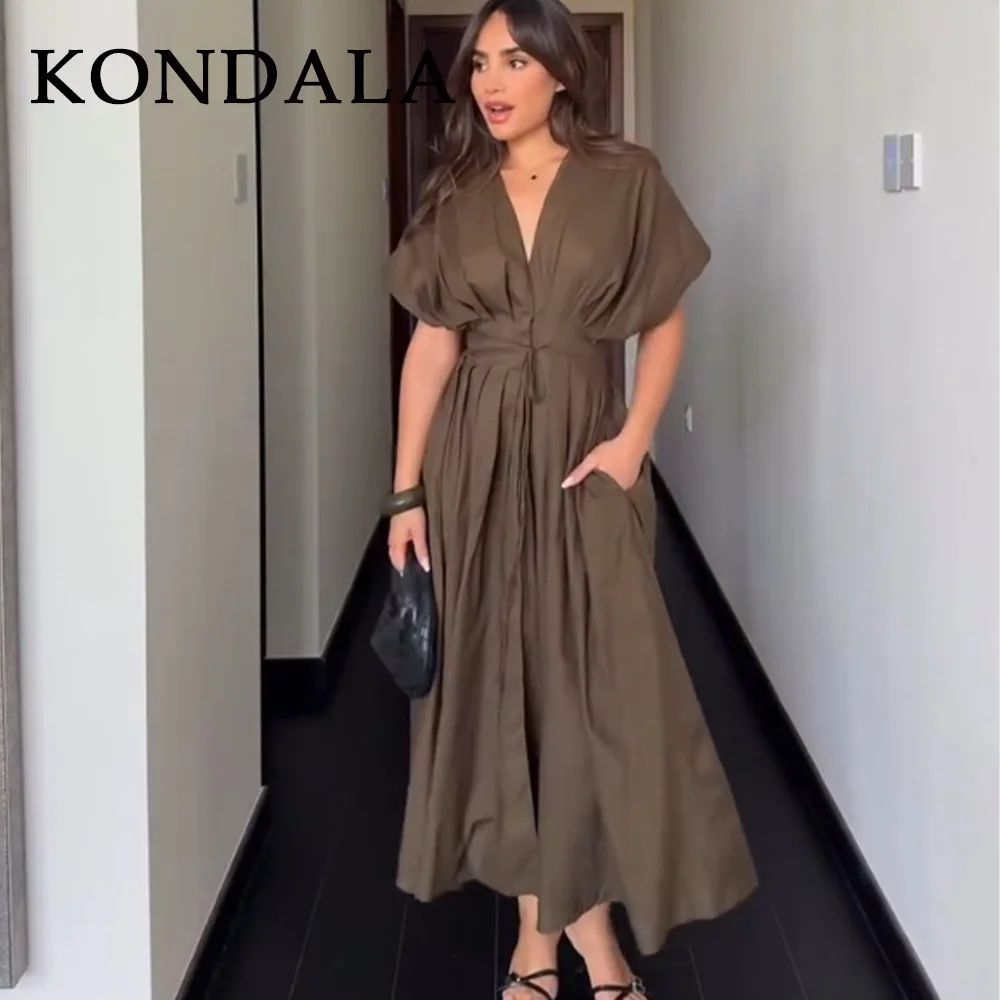 KONDALA Vintage V Neck Dress Sleeveless Single Breasted Women Dress Chic Brown Summer Dress 1