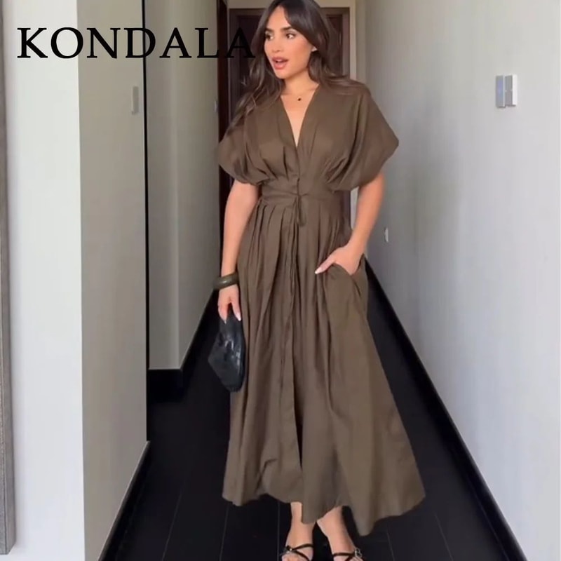 KONDALA Vintage V Neck Dress Sleeveless Single Breasted Women Dress Chic Brown Summer Dress 1