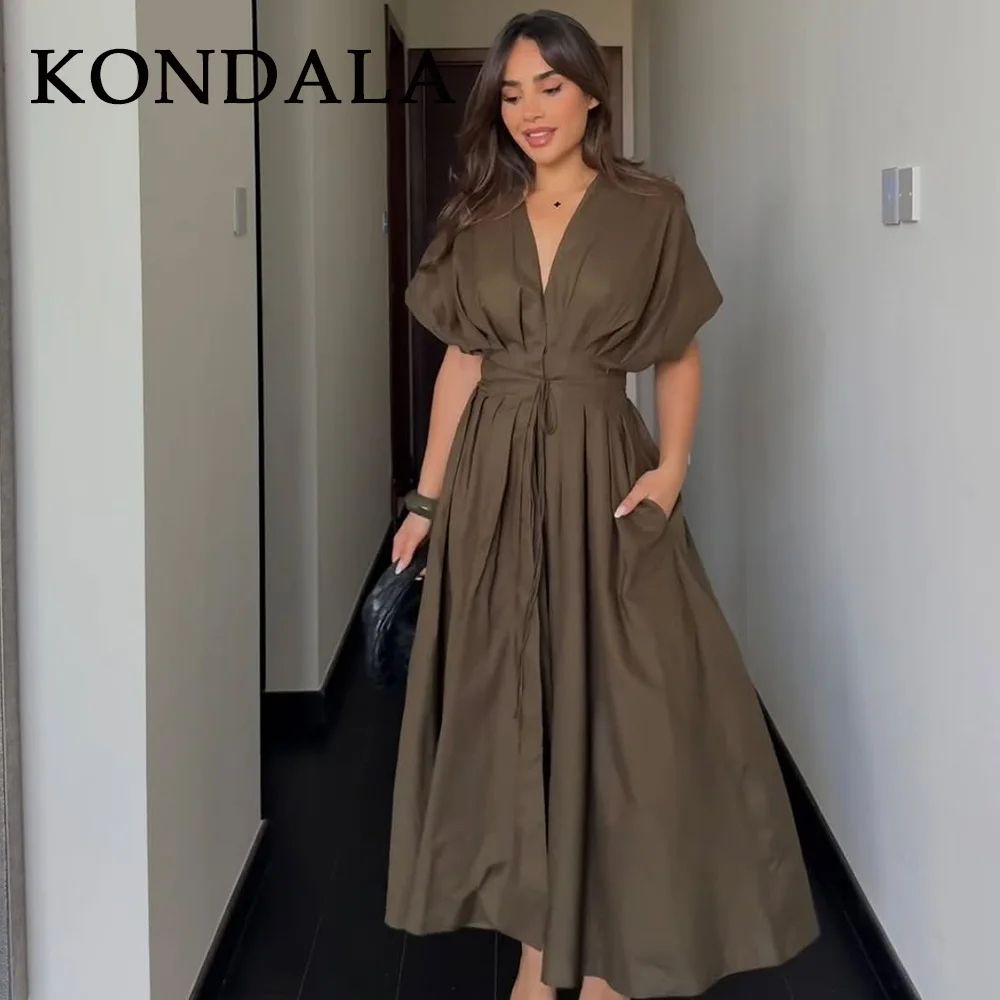 KONDALA Vintage V Neck Dress Sleeveless Single Breasted Women Dress Chic Brown Summer Dress 2