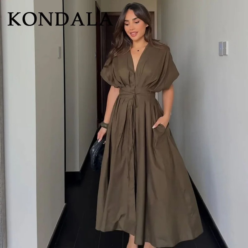 KONDALA Vintage V Neck Dress Sleeveless Single Breasted Women Dress Chic Brown Summer Dress 2