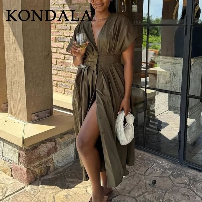 KONDALA Vintage V Neck Dress Sleeveless Single Breasted Women Dress Chic Brown Summer Dress 3