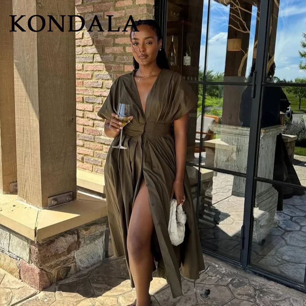 KONDALA Vintage V Neck Dress Sleeveless Single Breasted Women Dress Chic Brown Summer Dress 4