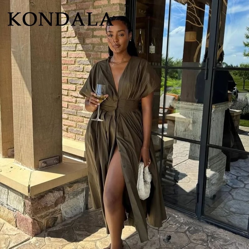KONDALA Vintage V Neck Dress Sleeveless Single Breasted Women Dress Chic Brown Summer Dress 4