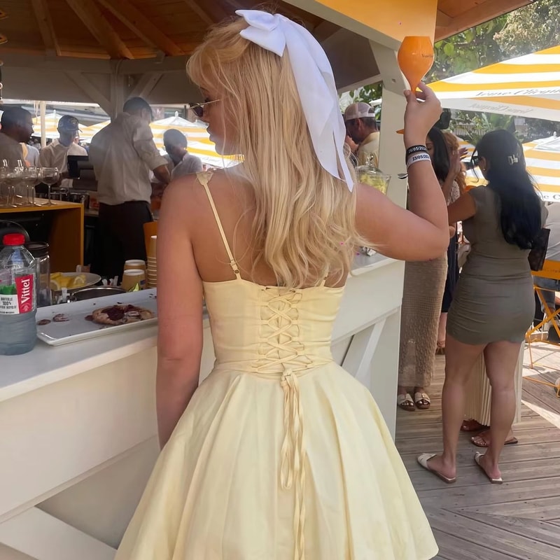 Mingmingxi Yellow A Line Party Dress Lace Up Back Hollow Out Summer Dress Elegant Women Holiday Dre 3