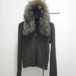 military green oversized fur collar jacket with hooded zip knit sweater coat for women
