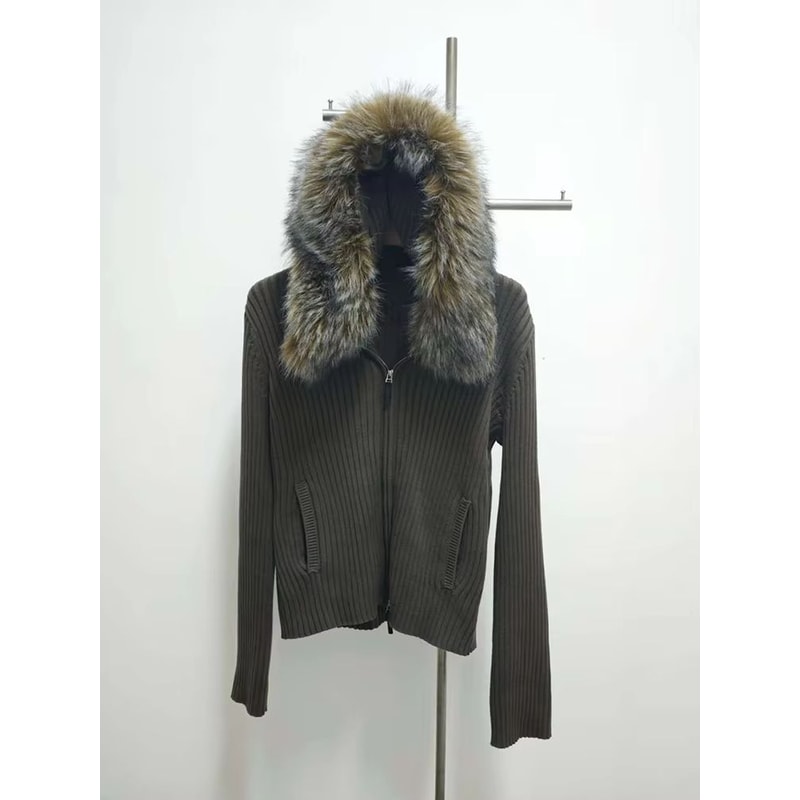 Military Green Oversized Fur Collar Jacket With Hooded Zip Knit Sweater Coat For Women 0