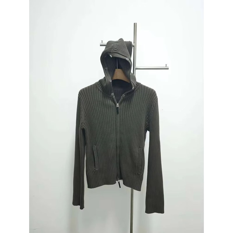 Military Green Oversized Fur Collar Jacket With Hooded Zip Knit Sweater Coat For Women 1