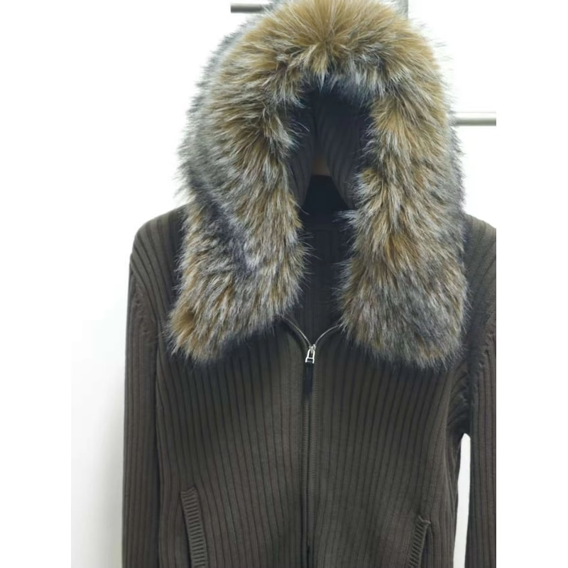 Military Green Oversized Fur Collar Jacket With Hooded Zip Knit Sweater Coat For Women 3