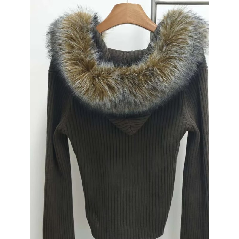 Military Green Oversized Fur Collar Jacket With Hooded Zip Knit Sweater Coat For Women 4