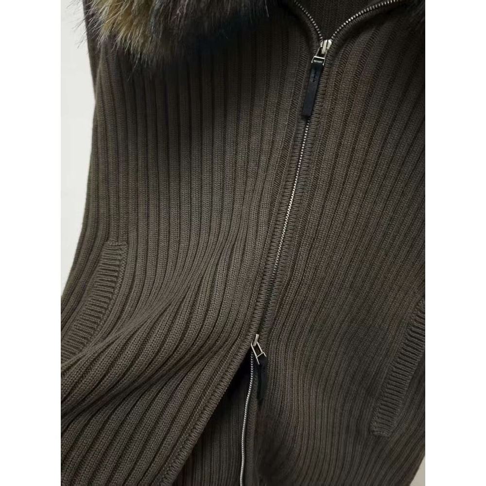 Military Green Oversized Fur Collar Jacket With Hooded Zip Knit Sweater Coat For Women 5