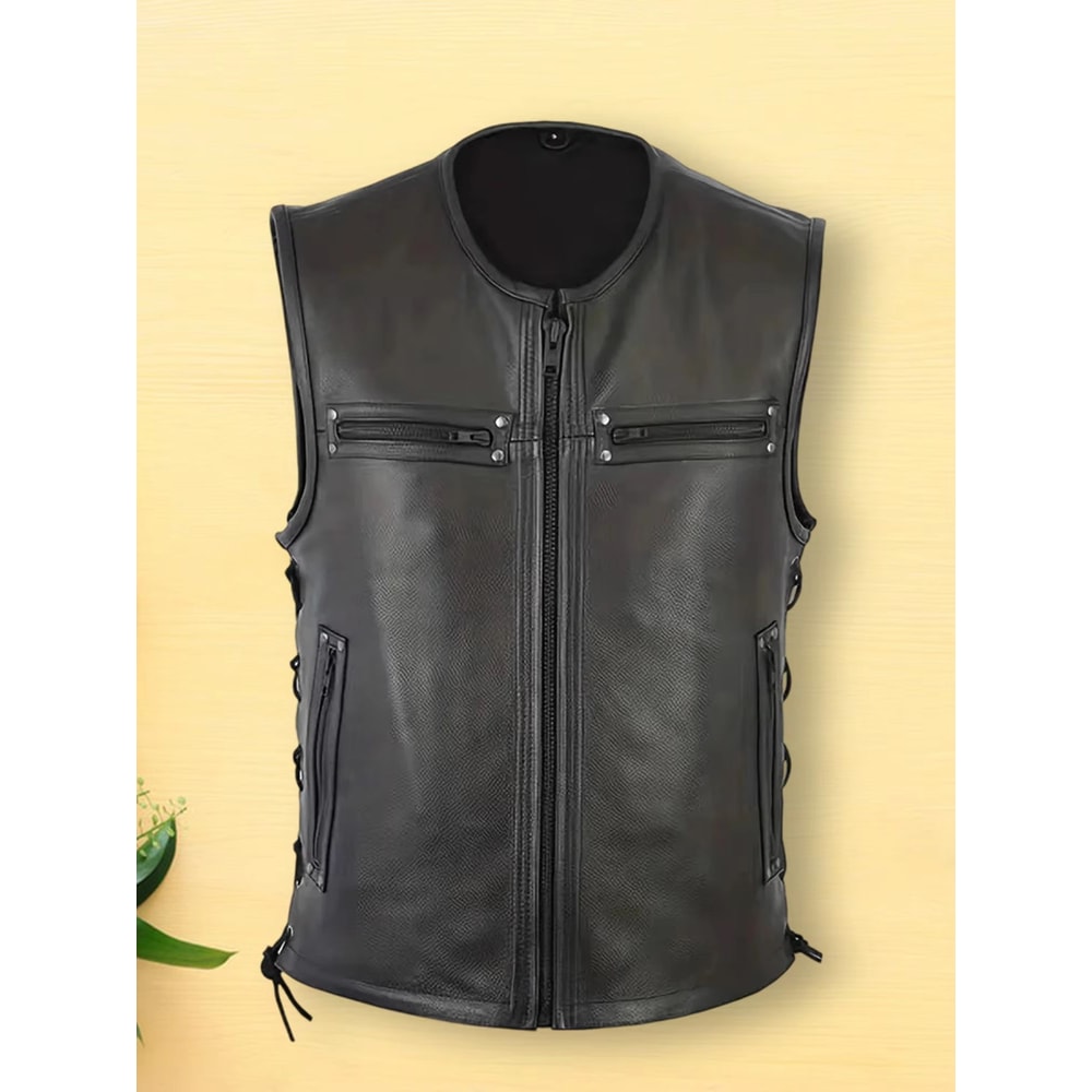 Mens Genuine Leather Biker Vest With Multi Pocket Design And Zipper Sleeveless Jacket 0